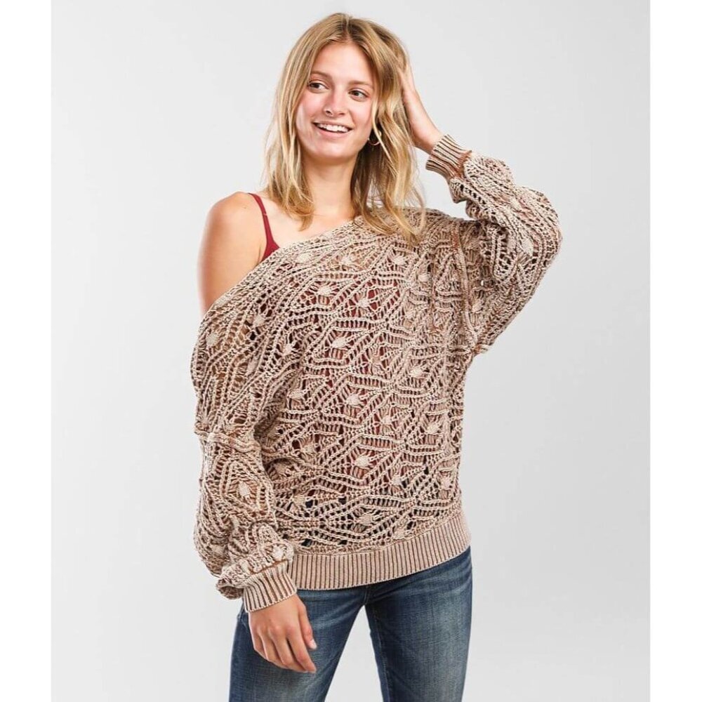 BKE Buckle Womens Brown Boho Off The Shoulder Open Knit Asymmetrical Sweater Med